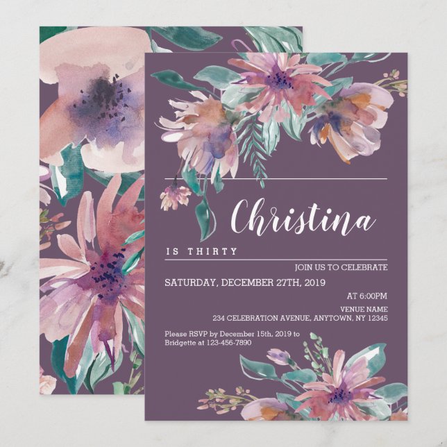 Invitación Fiesta de cumpleaños de la abuela morada pintada a (Anverso / Reverso)