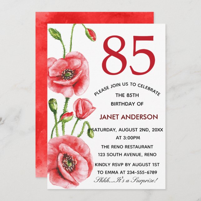 Invitación Fiesta de cumpleaños de la acuarela de la amapola (Anverso / Reverso)