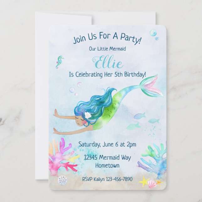 Invitación Fiesta de cumpleaños de la acuarela de la sirena (Anverso)