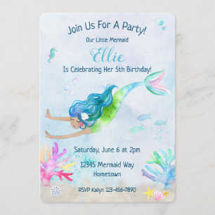 Invitación Fiesta de cumpleaños de la acuarela de la sirena