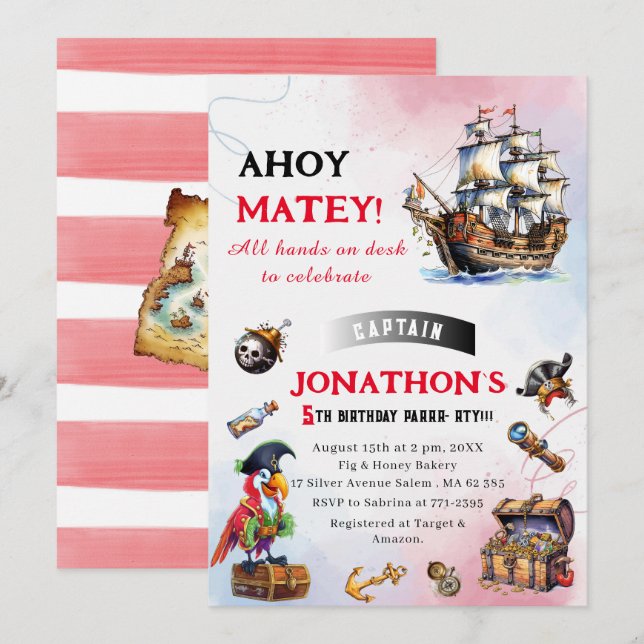 Invitación Fiesta de cumpleaños de la acuarela pirata (Anverso / Reverso)