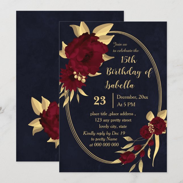 Invitación fiesta de cumpleaños de la armada de oro y burdeos (Anverso / Reverso)