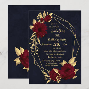 Invitación fiesta de cumpleaños de la armada de oro y burdeos
