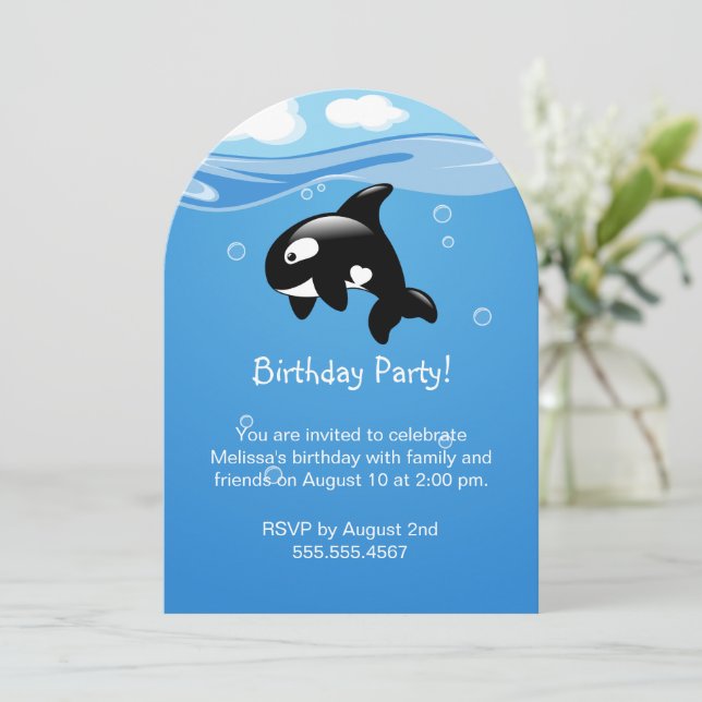 Invitación Fiesta de cumpleaños de la ballena de Cute Orca (Anverso de pie)