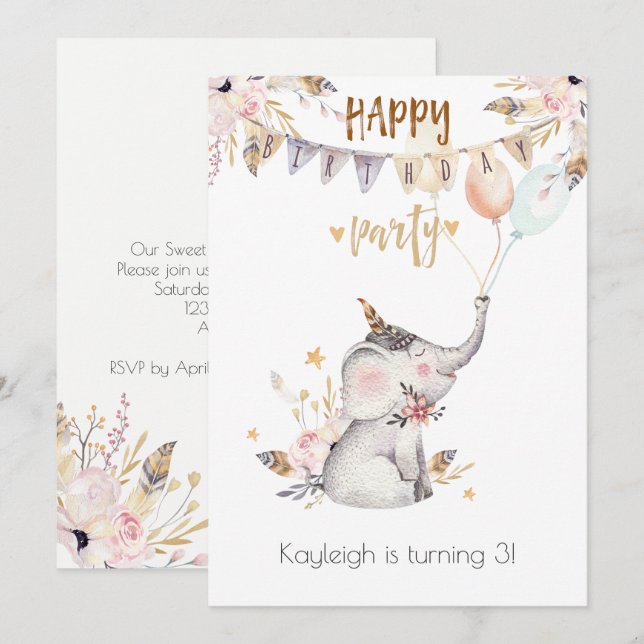 Invitación Fiesta de cumpleaños de la bebé elefante niña Boho (Anverso / Reverso)