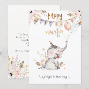 Invitación Fiesta de cumpleaños de la bebé elefante niña Boho