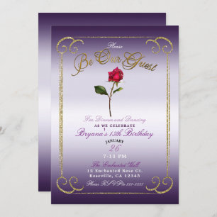 Invitación Fiesta de cumpleaños de la bella rosa roja morada