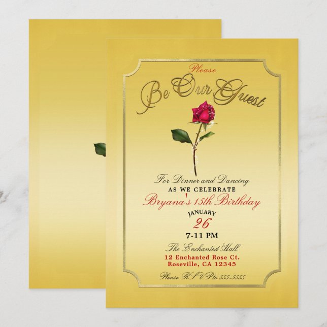 Invitación Fiesta de cumpleaños de la belleza de la rosa roja (Anverso / Reverso)