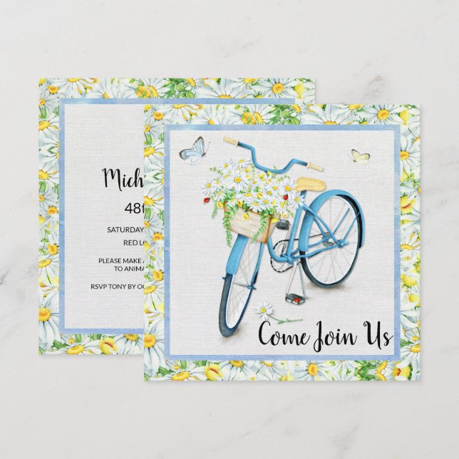 Invitación Fiesta de cumpleaños de la bicicleta azul (Anverso / Reverso)