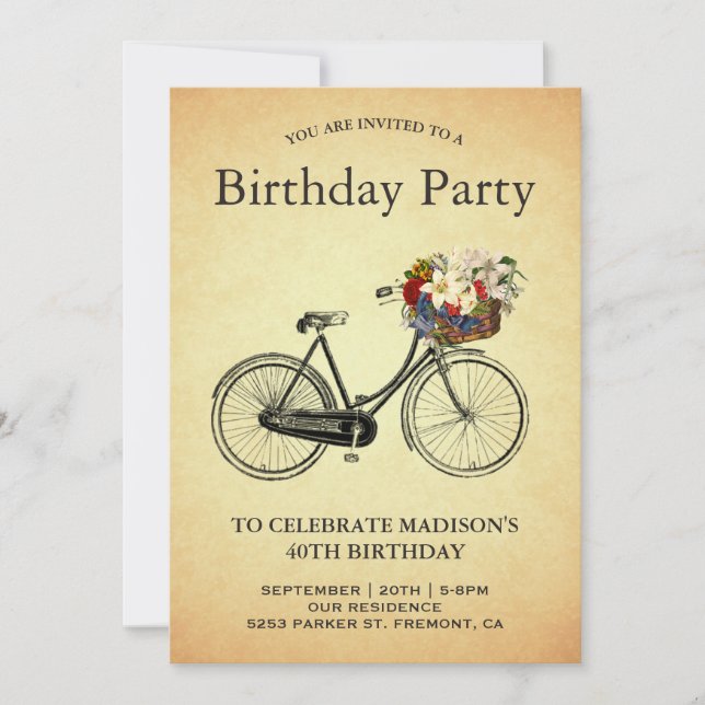 Invitación Fiesta de cumpleaños de la bicicleta floral de épo (Anverso)