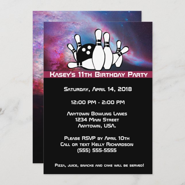 Invitación Fiesta de cumpleaños de la bolera de la galaxia có (Anverso / Reverso)