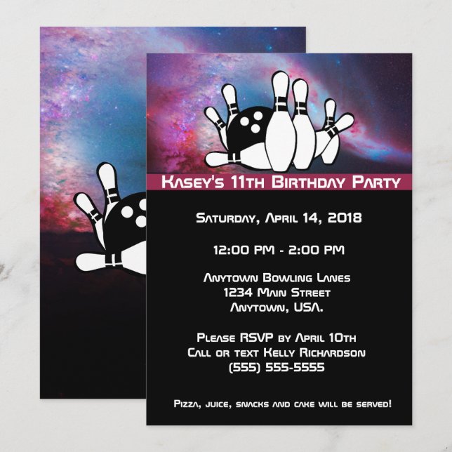 Invitación Fiesta de cumpleaños de la bolera de la galaxia có (Anverso / Reverso)