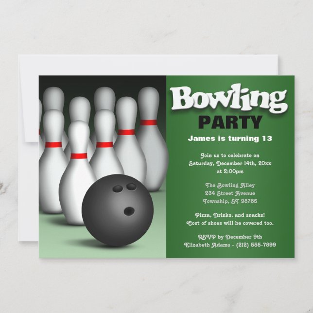 Invitación Fiesta de cumpleaños de la bolera verde Ball & Pin (Anverso)