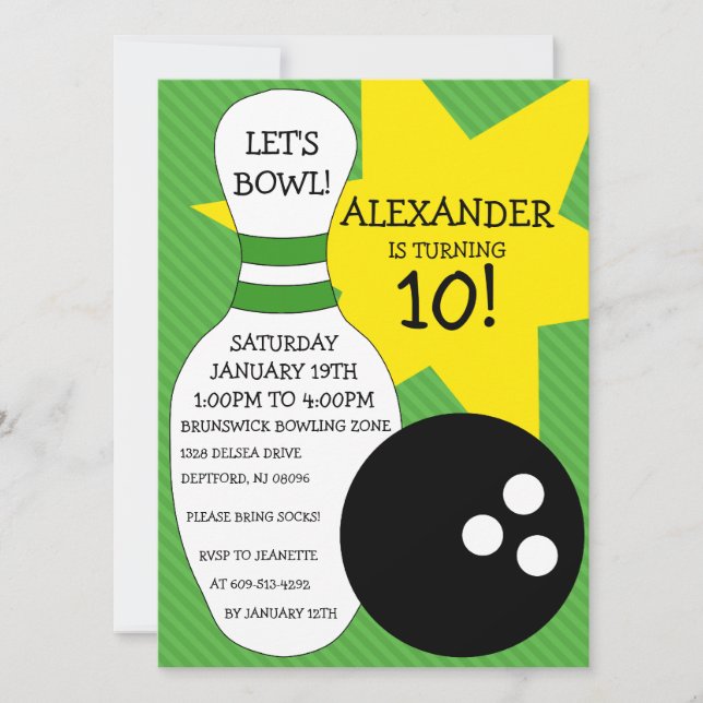 Invitación Fiesta de cumpleaños de la boliche de Lime Green (Anverso)