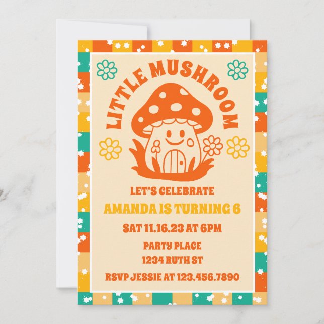 Invitación Fiesta de cumpleaños de la caída del hongo Retro (Anverso)