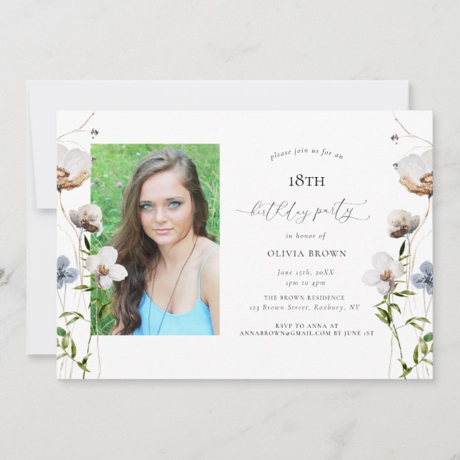 Invitación Fiesta de cumpleaños de la caligrafía de flor silv (Anverso)