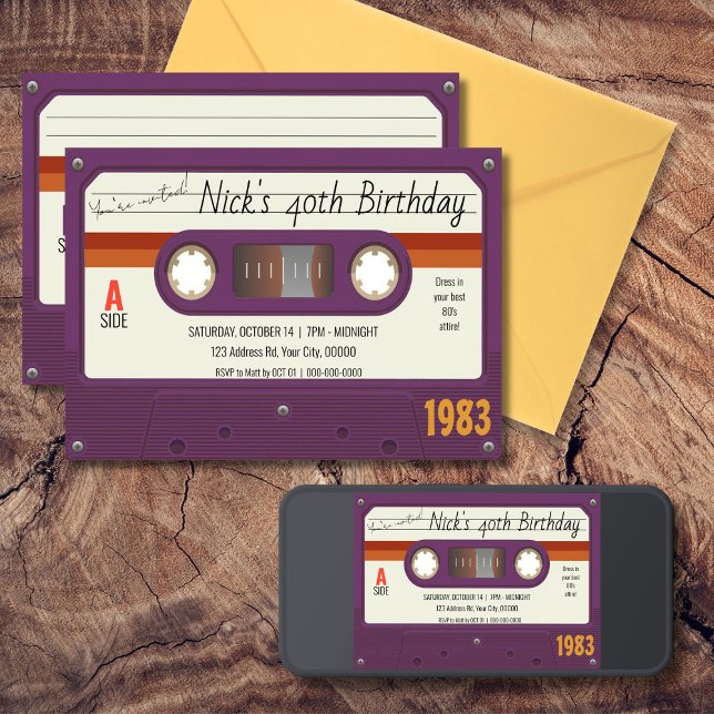 Invitación Fiesta de cumpleaños de la cinta Cassette 80, retr (Subido por el creador)