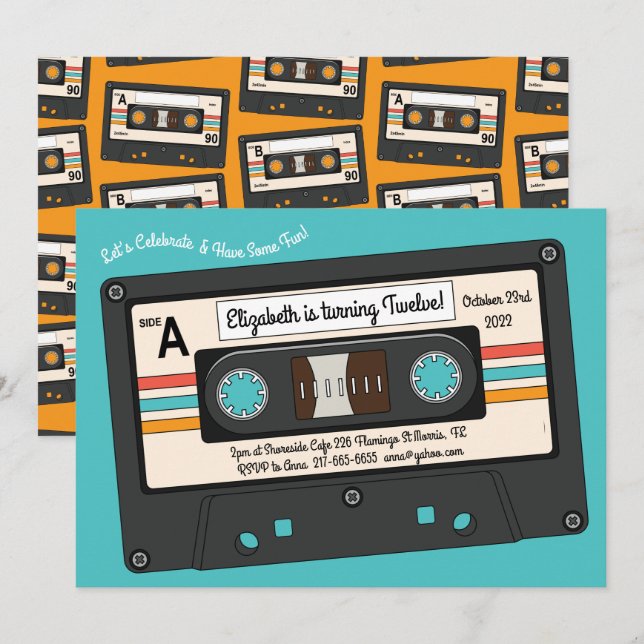 Invitación Fiesta de cumpleaños de la cinta Cassette de la Re (Anverso / Reverso)