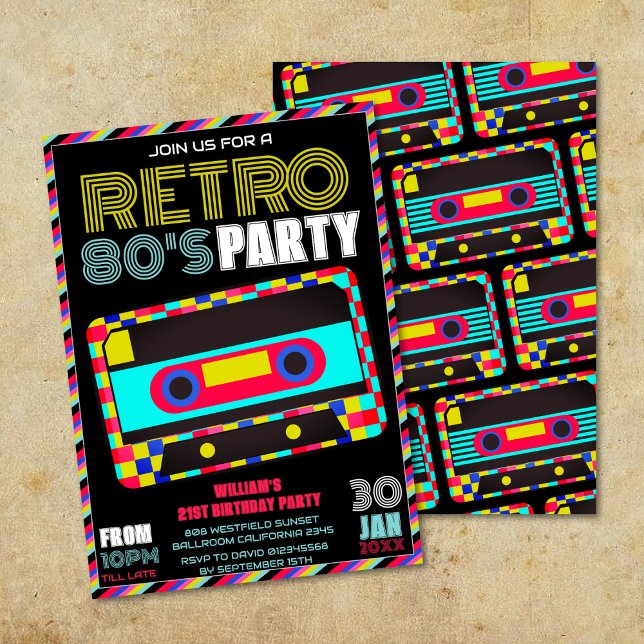 Invitación Fiesta de cumpleaños de la cinta Retro Black Neon  (Subido por el creador)