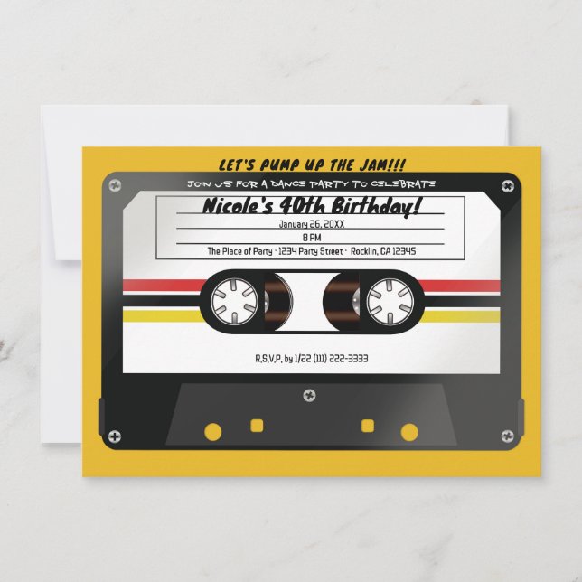 Invitación Fiesta de cumpleaños de la cinta Retro Cassette (Anverso)