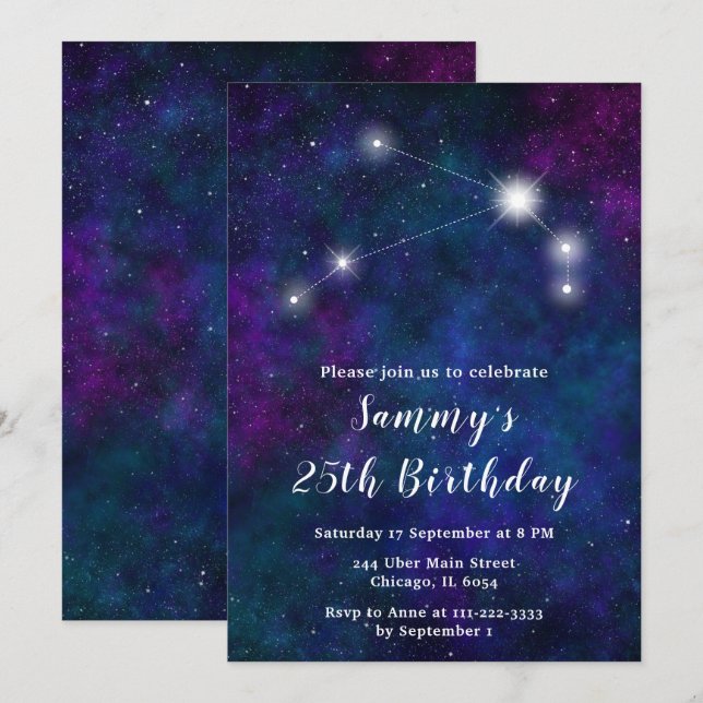 Invitación Fiesta de cumpleaños de la constelación de Aries Z (Anverso / Reverso)