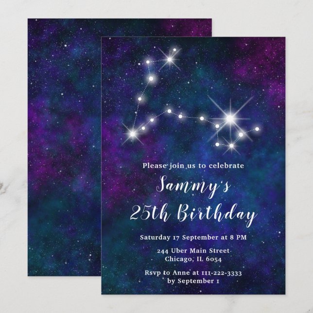 Invitación Fiesta de cumpleaños de la constelación de Pisces  (Anverso / Reverso)