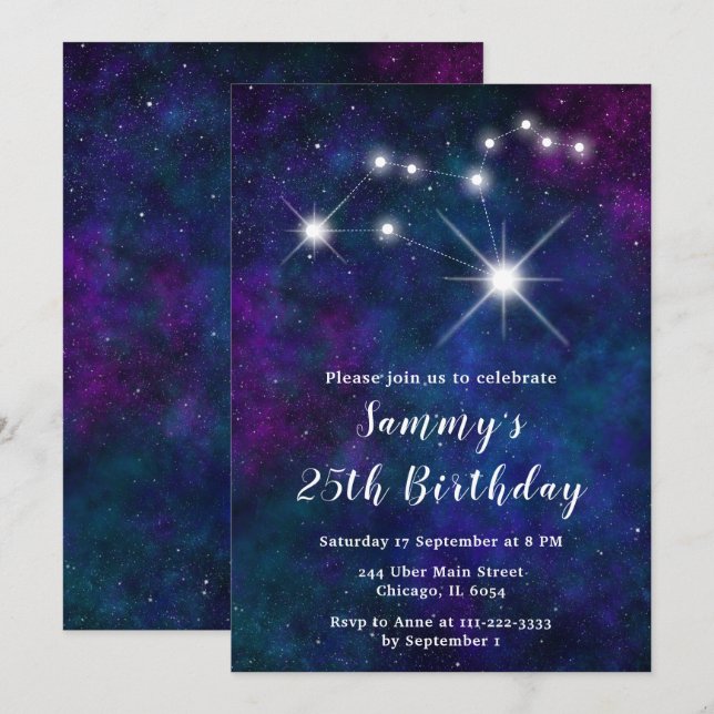 Invitación Fiesta de cumpleaños de la constelación de Zodiac  (Anverso / Reverso)