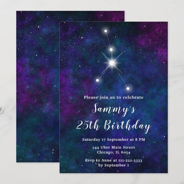 Invitación Fiesta de cumpleaños de la Constelación del Zodiac (Anverso / Reverso)