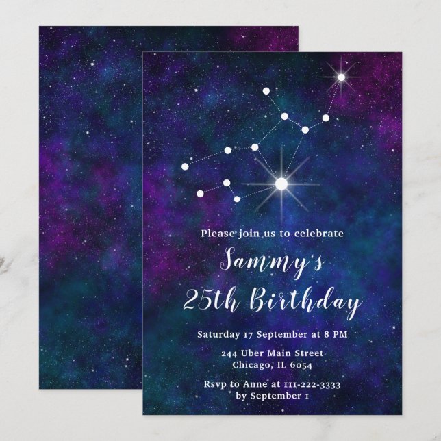 Invitación Fiesta de cumpleaños de la Constelación Virgo Zodi (Anverso / Reverso)