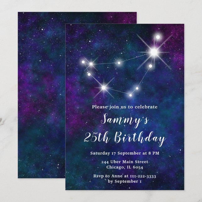 Invitación Fiesta de cumpleaños de la Constelación Zodiac de  (Anverso / Reverso)