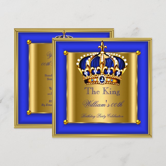 Invitación Fiesta de cumpleaños de la Corona de Oro Azul Rey  (Anverso / Reverso)