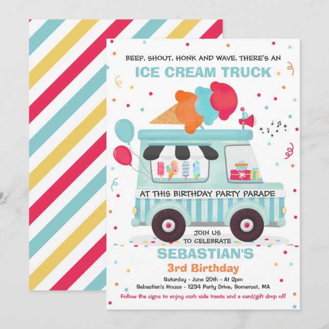 Invitación Fiesta De Cumpleaños De La Crema De Hielo Con Desf (Anverso / Reverso)