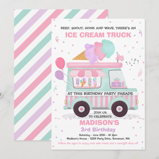 Invitación Fiesta De Cumpleaños De La Crema De Hielo En Desfi (Anverso / Reverso)