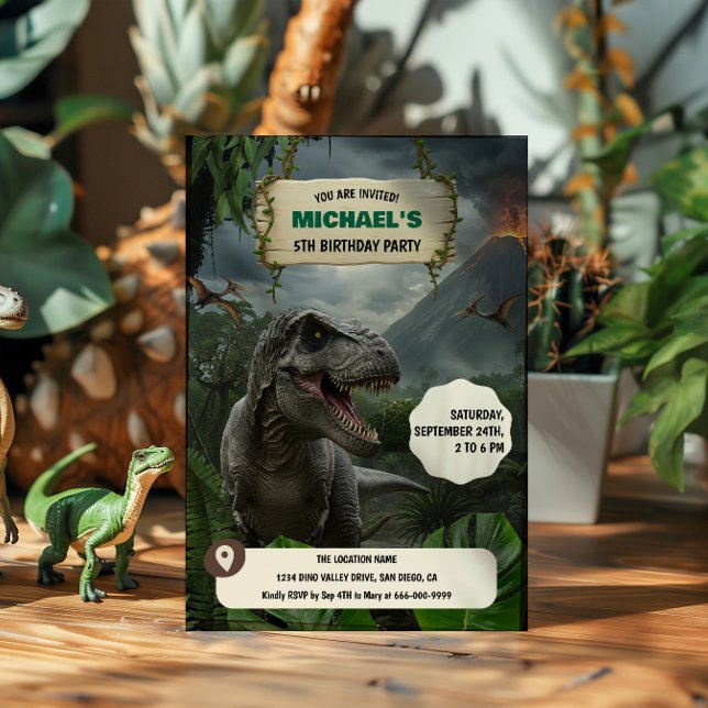 Invitación Fiesta de cumpleaños de la dinosauria prehistórica (Prehistoric T- rex Dinosaur Birthday Party Invitation)