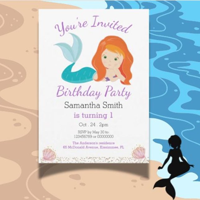 Invitación Fiesta de cumpleaños de la diosa Purpurina Sirena (Make your mermaid party magical with a beautiful invitation! )