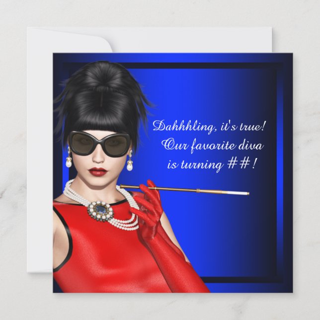 Invitación Fiesta de cumpleaños de la Diva Clásica Azul Real (Anverso)