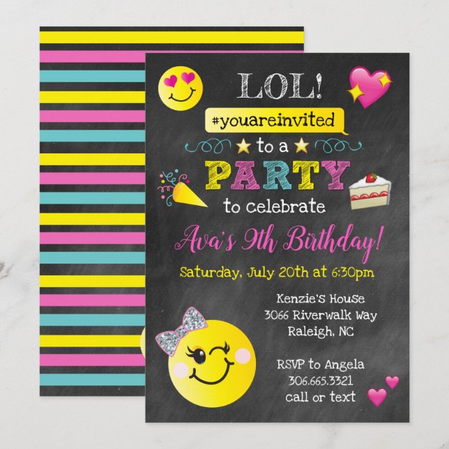Invitación Fiesta de cumpleaños de la emoji - pizarra (Anverso / Reverso)