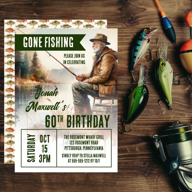 Invitación Fiesta de cumpleaños de la escena de pescadores de ("Gone Fishing" Fisherman Scene Birthday Party Invitation)