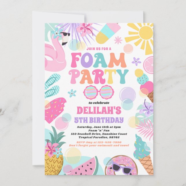Invitación Fiesta de cumpleaños de la espuma tropical de la p (Anverso)