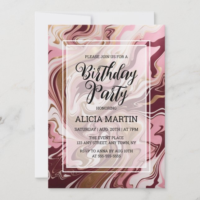 Invitación Fiesta de cumpleaños de la flauta de mármol rosa d (Anverso)