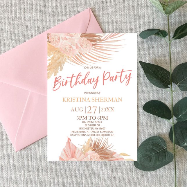 Invitación Fiesta de cumpleaños de la flor floral rosa suave  (Subido por el creador)