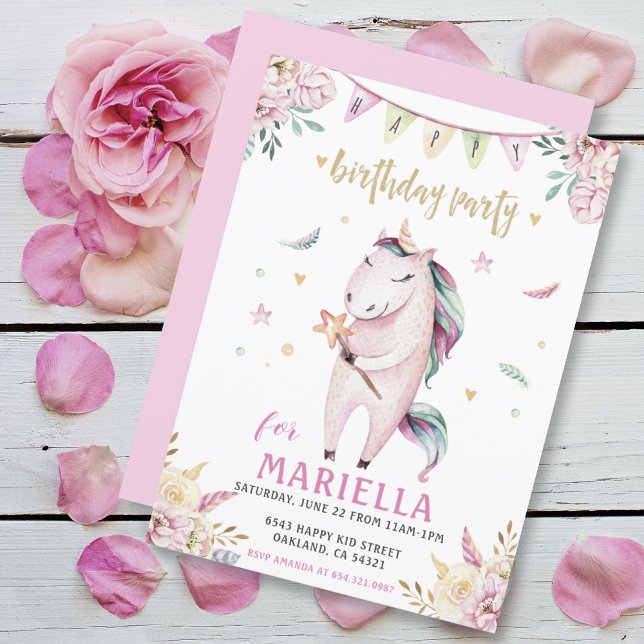 Invitación Fiesta de cumpleaños de la flor rosa mágica de Uni (SWEET PINK UNICORN GIRLS BIRTHDAY PARTY INVITATION)
