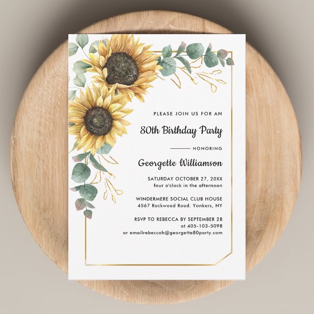 Invitación Fiesta de Cumpleaños de la Floral de Sunflower 80 (Sunflower Eucalyptus Floral 80th Birthday Party Invitation)