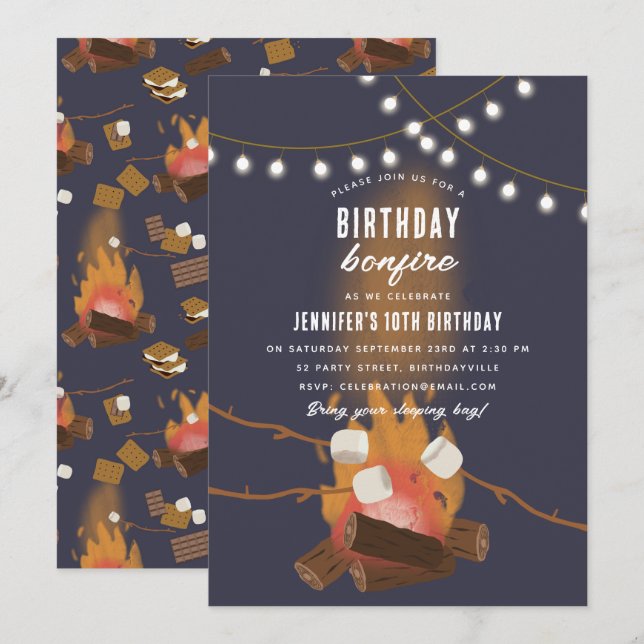 Invitación Fiesta de cumpleaños de la Fogata al Aire Libre y  (Anverso / Reverso)