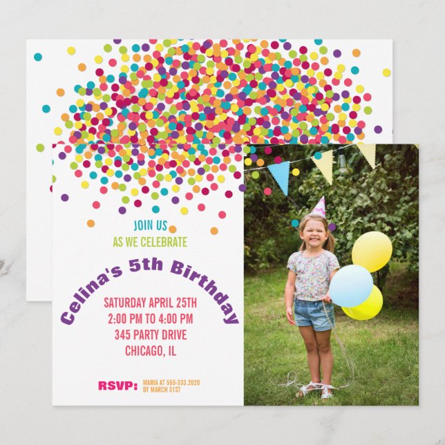 Invitación Fiesta de cumpleaños de la foto de Funfetti (Anverso / Reverso)