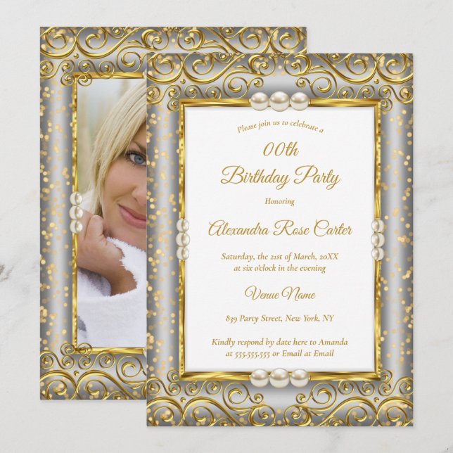 Invitación Fiesta de cumpleaños de la foto de la Perla Blanca (Anverso / Reverso)