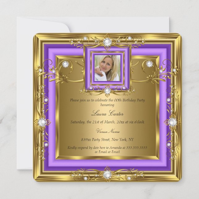 Invitación Fiesta de cumpleaños de la foto de Purple Gold Whi (Anverso)