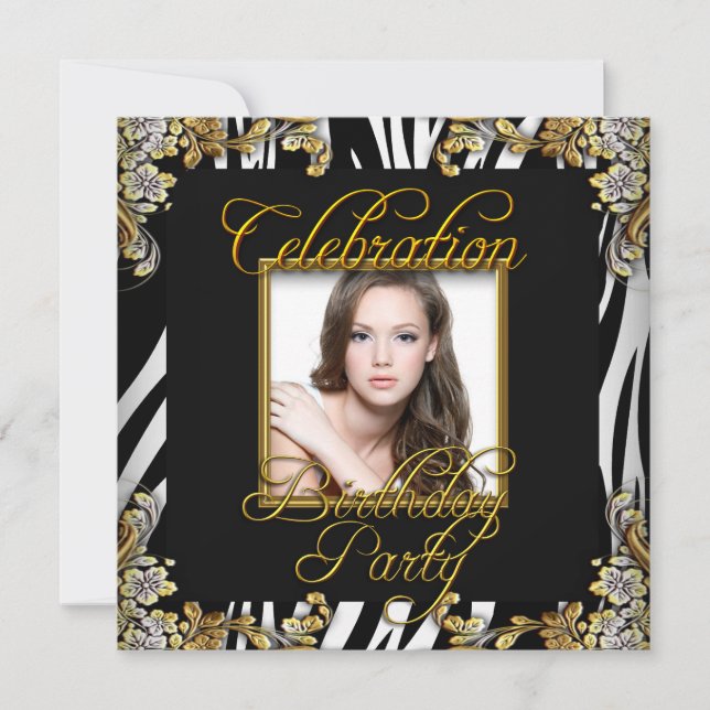 Invitación Fiesta de cumpleaños de la foto del oro blanco neg (Anverso)