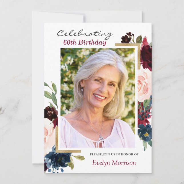 Invitación Fiesta de cumpleaños de la foto floral azul de la  (Anverso)