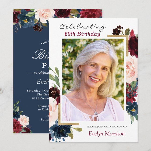 Invitación Fiesta de cumpleaños de la foto floral azul de la  (Anverso / Reverso)